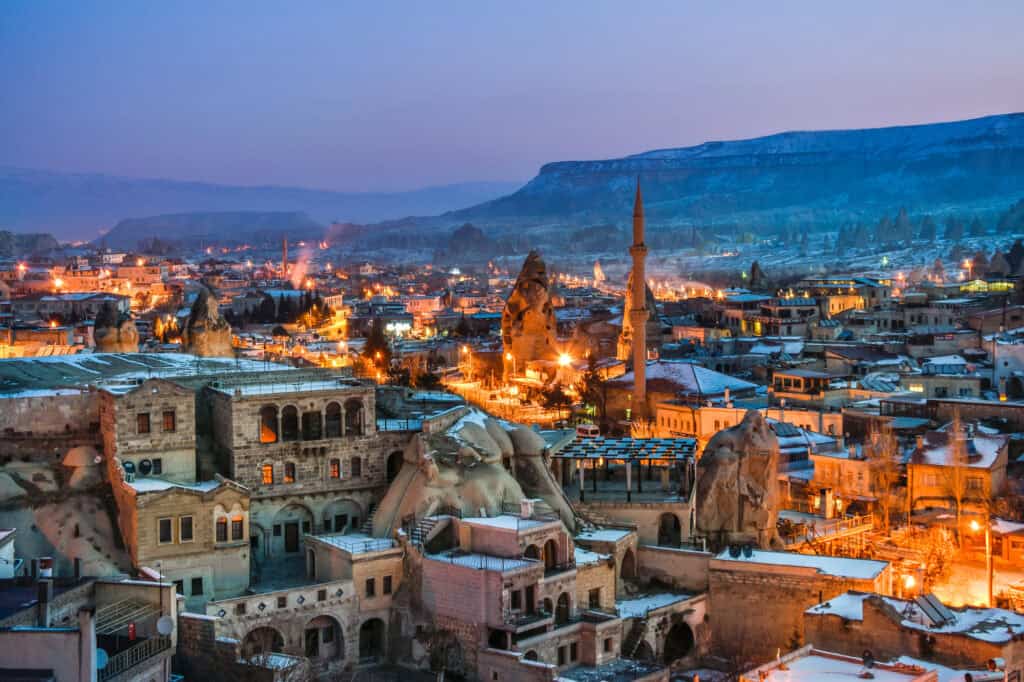 Night view of the Uchisar town. The cave city in Cappadocia. Turkey