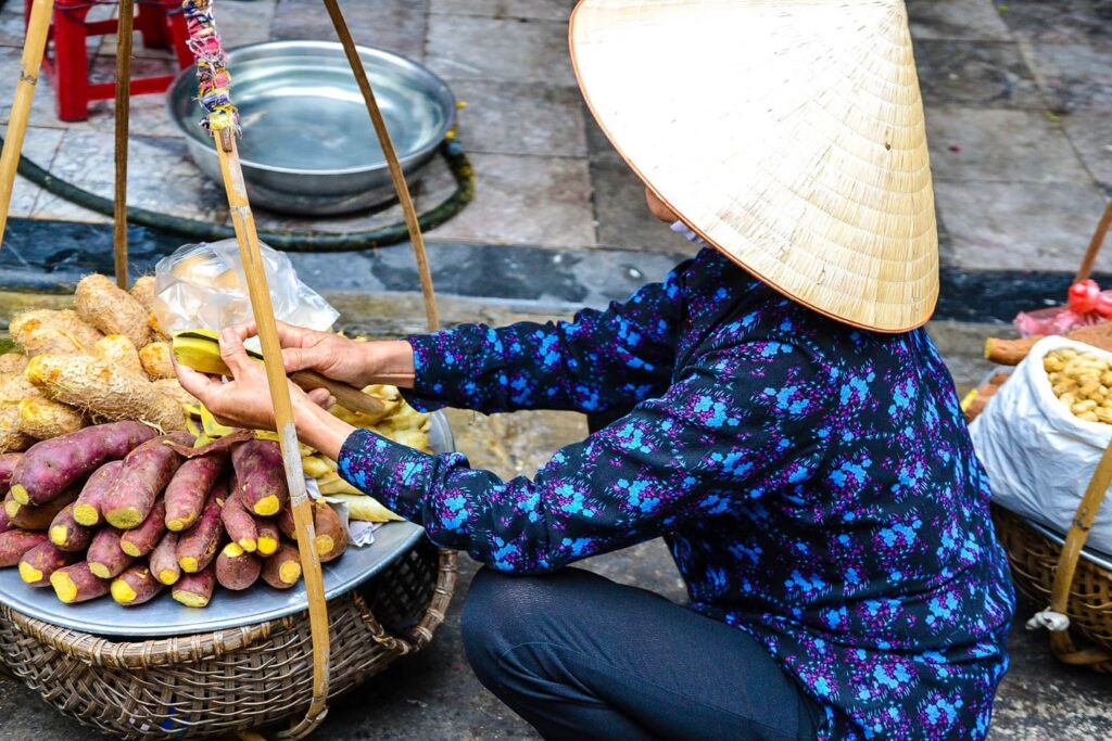Local Hoi An Market with a lady wearing a conical hat