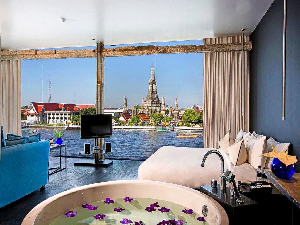 Boutique hotel room at Sala Rattanakosin overlooking Wat Arun