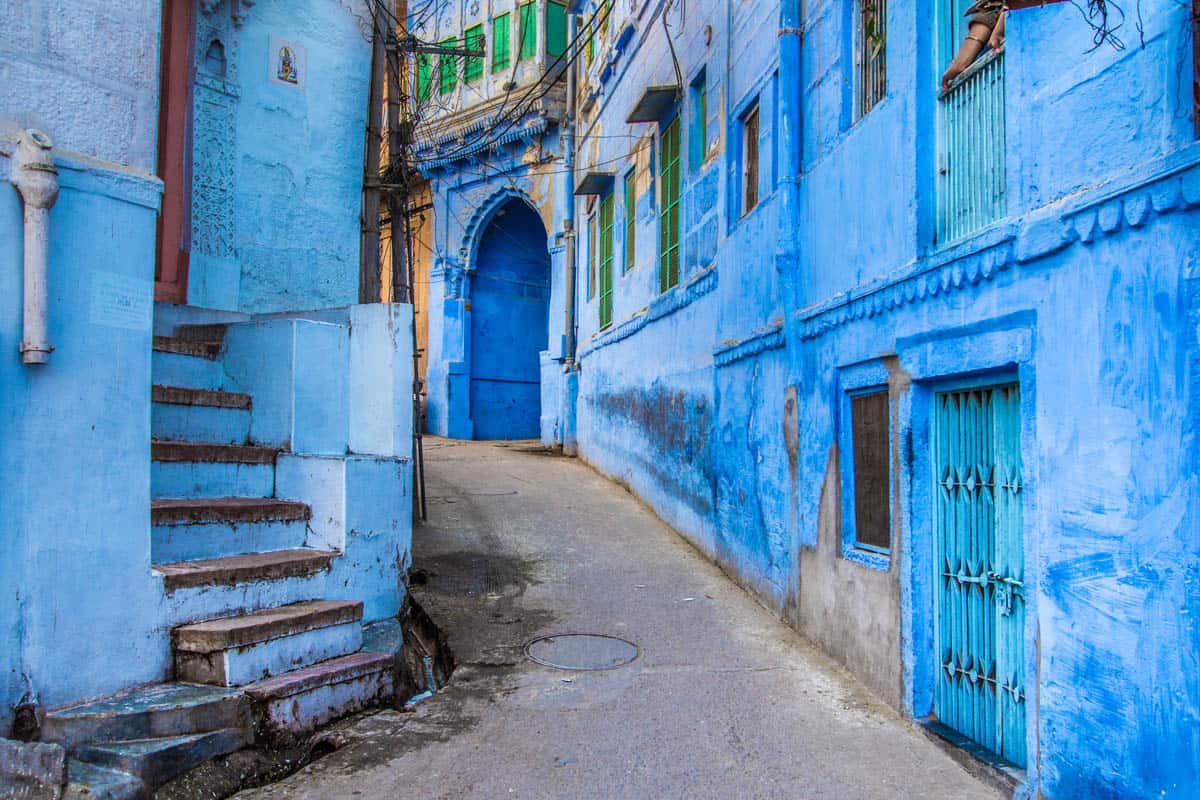 The bright blue streets of the Blue City of Jodhpur, India.