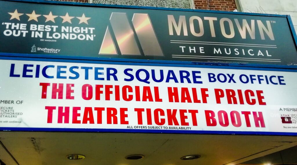 Discount ticket booth  sign Leicester Square London