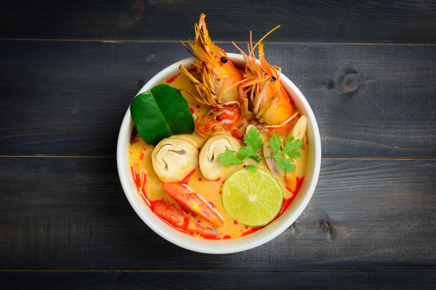 Spicy and sour shrimp soup with lemongrass, galangal, and kaffir lime leaves.
