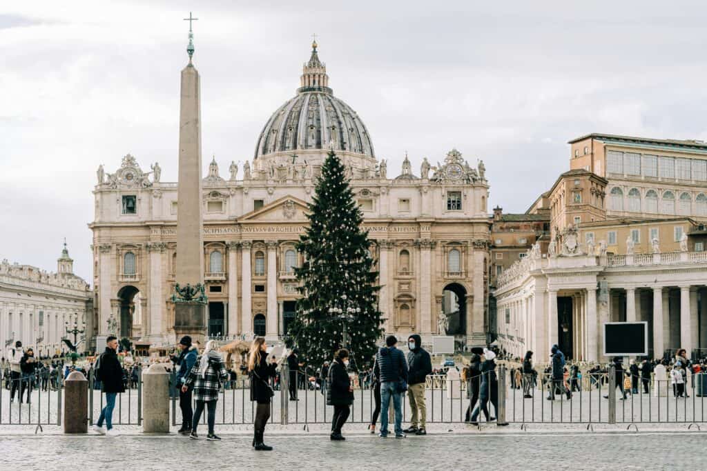 Christmas tree in St. Peter’s Square, Vatican City, with St. Peter’s Basilica in the background