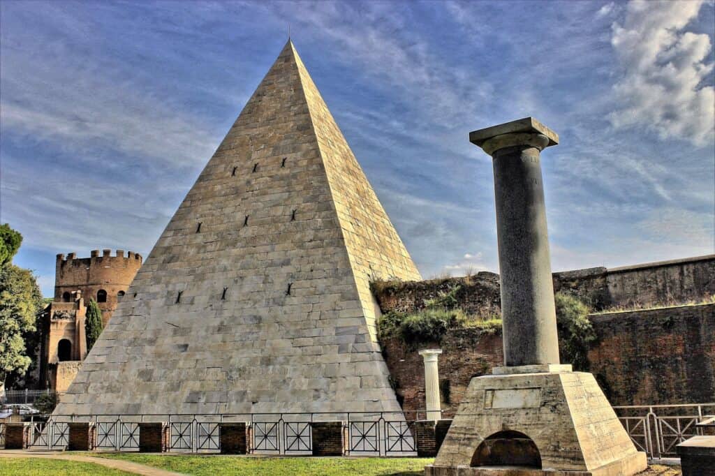 “Pyramid of Cestius near Porta San Paolo in Rome, built in 12 BC as a Roman tomb