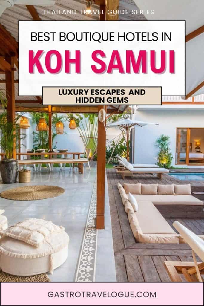 “Aerial view of a beachfront infinity pool and palm trees at a boutique hotel in Koh Samui, Thailand”