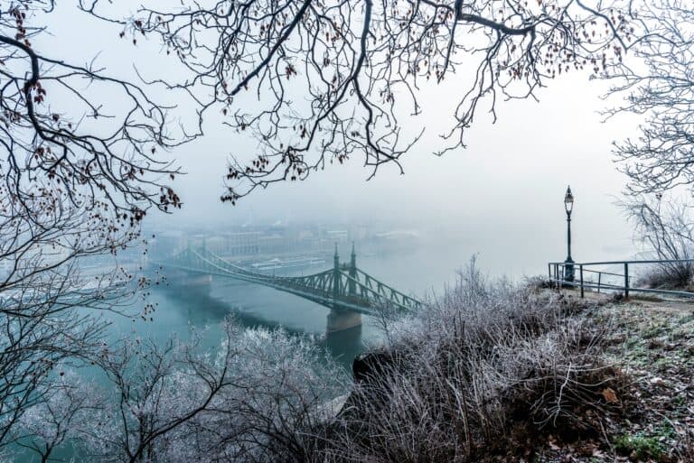 iberty Bridge in Budapest on a foggy winter day, with mist drifting over the Danube.