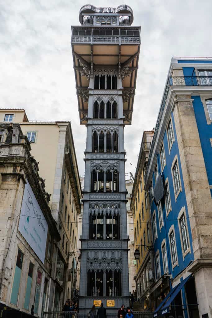 Santa Justa Lift in Lisbon Baixa district with surrounding historic buildings
