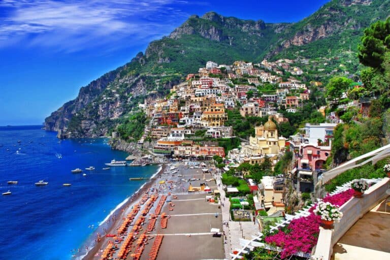 Positano and Spiaggia Grande beach on the Amalfi Coast