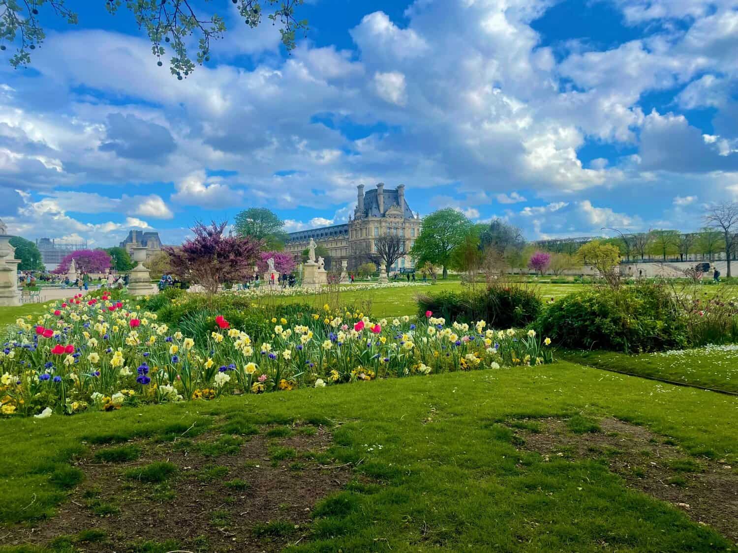 Jardin des Tuileries flower beds in summer with the Louvre Palace in the background in Paris.