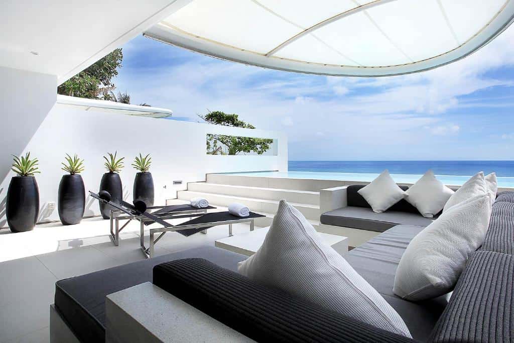 Kata Rocks Phuket modern white villa terrace with infinity pool and panoramic Andaman Sea views